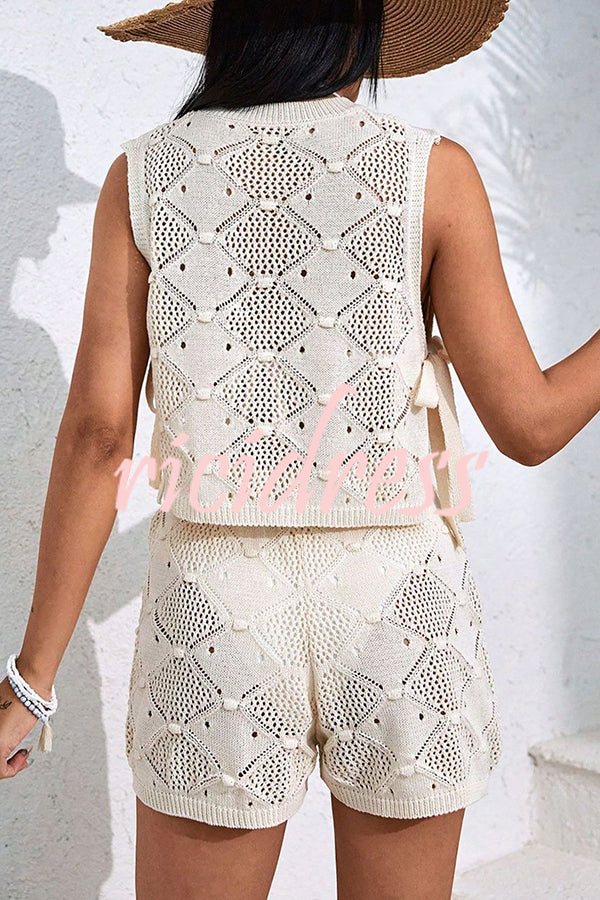 Solid Color Sleeveless Tie Knitted Vest and Loose Elastic Waist Drawstring Shorts Set