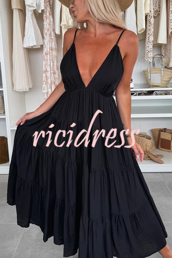 Bohemian Style V-neck Backless Slip Layered Vacation Maxi Dress