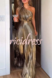 Be My Guest Metallic Fabric Pleated One Shoulder Maxi Dress