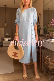 Ultra-comfortable Linen Blend Half Sleeve Front Button Detail Relaxed Pocket Midi Dress