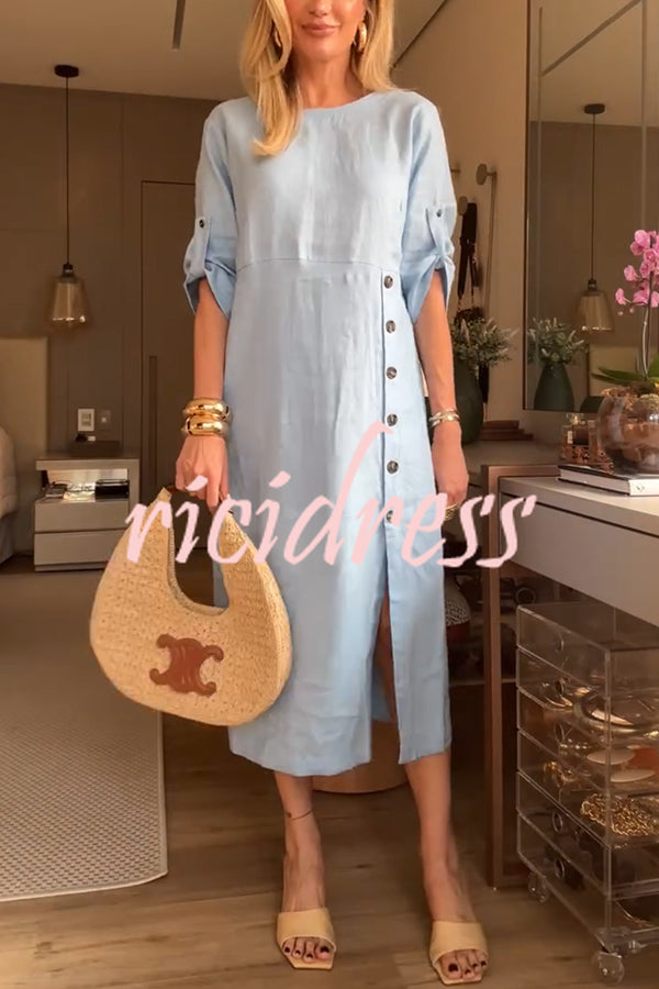 Ultra-comfortable Linen Blend Half Sleeve Front Button Detail Relaxed Pocket Midi Dress