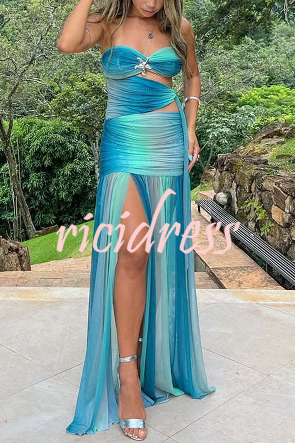 Soleil Mesh Printed Starfish Pendant Ruched Cutout Off Shoulder Maxi Dress