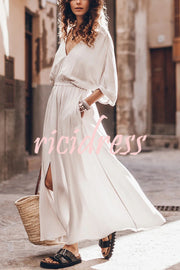 Soft and Elegant Kimono Sleeve Stretchy Waist Pocketed Slit Maxi Dress