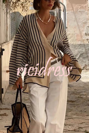 Comfortable and Effortless Striped Long Slit Sleeve Button Relaxed Loose Blouse