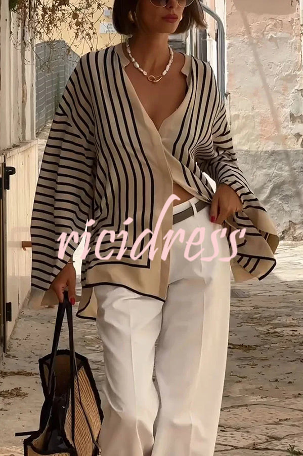 Comfortable and Effortless Striped Long Slit Sleeve Button Relaxed Loose Blouse