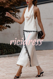 Iriena Satin Lace Trim Cowl Halter Neck Tank and Mid Rise Midi Skirt Set