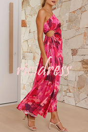 Laken Floral Print One Shoulder Adjustable Tie Cutout Pleated Maxi Dress