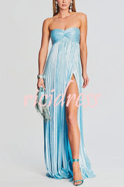 Metallic Sexy Tube Top Pleated High Slit Maxi Dress