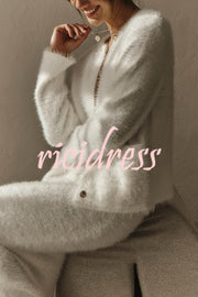 Solid Color Long-sleeved Button-pocket Knitted Jacket and Elegant Long Skirt Set