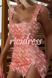 Sexy Square Neck Open Back Sequined Tassel Slim Mini Dress