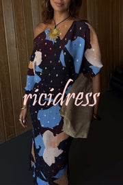 Mara Pleated Fabric Metallic Speckled Color Block Print One Shoulder Maxi Dress