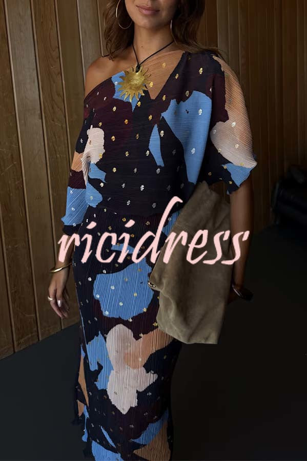 Mara Pleated Fabric Metallic Speckled Color Block Print One Shoulder Maxi Dress