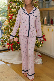 Postcards To Santa Unique Print Ruffles Trim Pocket Shirt and Elastic Waist Pajama Set