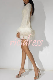 Stylish Sequined Feather Long-sleeved Sexy Backless Mini Dress