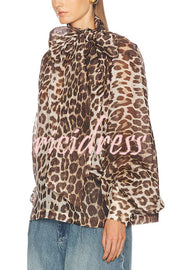 Arianne Chiffon Leopard Print Bow Neck Long Balloon Sleeve Loose Blouse
