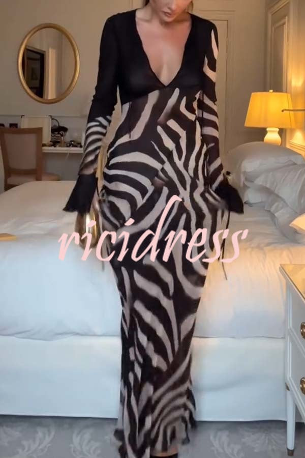 City Night Chiffon Colorblock Animal Print Tie-up Long Sleeve Maxi Dress