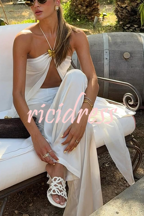 Lily Metal Flower Front Slit Halter Midi Top and V-waist Wide Leg Pants Set