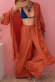 Unique Printed Long-sleeved Loose Long Cardigan and Elastic Waist Casual Wide-leg Pants Set