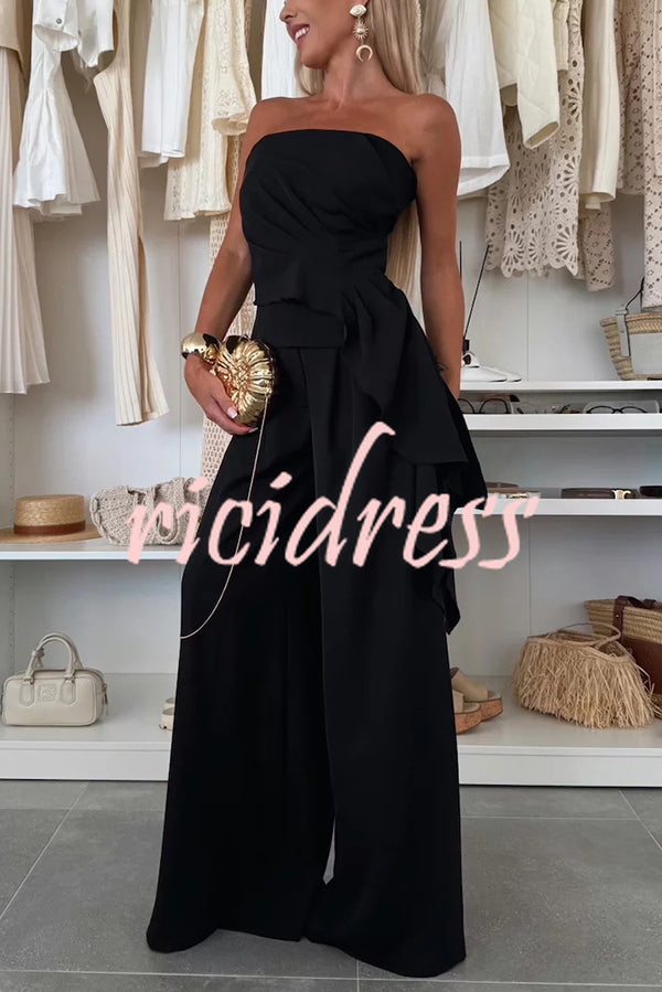 Elegant Solid Color Asymmetric Ruffles Bandeau Top and High Waist Wide Leg Pants Set