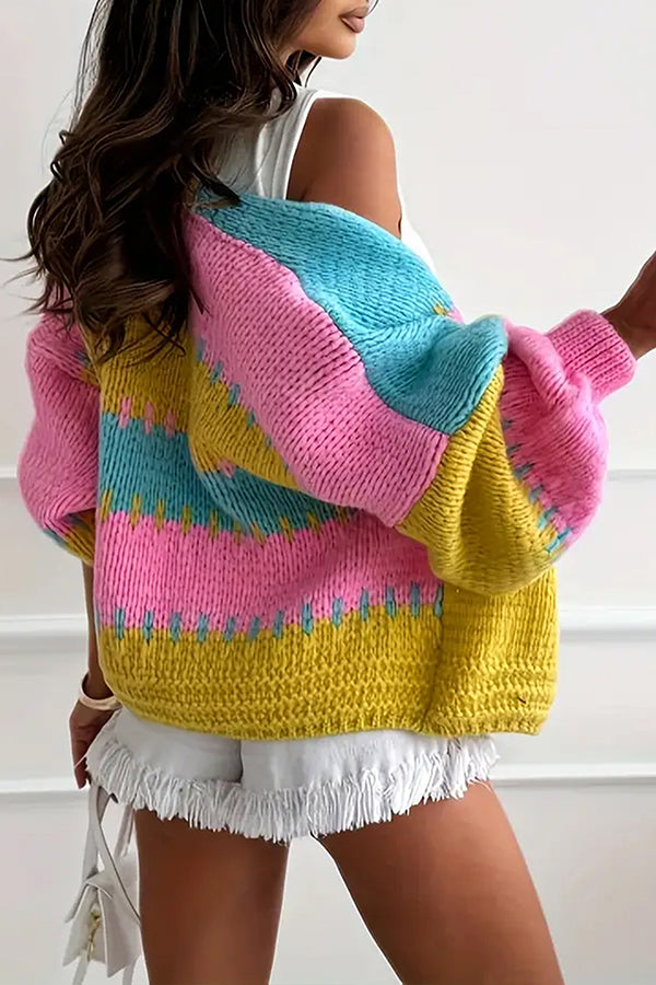 Fashionable Contrast Color Stitching Casual Knitted Cardigan
