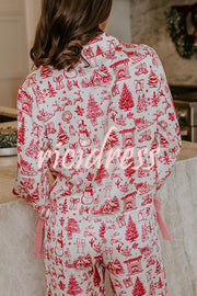 Christmas Night Satin Loose Shirt and Elastic Waist Pocketed Pajama Set