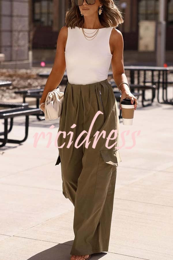 Great Week Pleated Elastic Waist Zipper Pocket Wide Leg Cargo Pants