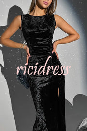 Solid Color Velvet Round Neck Sleeveless Slim Slit Maxi Dress