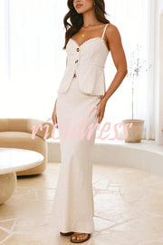 Solid Color Halter Button-Down Top and Elegant Fitted Maxi Skirt Set