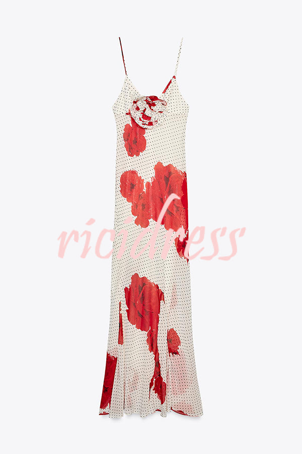 Vanna Poka Dot Floral Print 3D Flower Detail Slip Maxi Dress