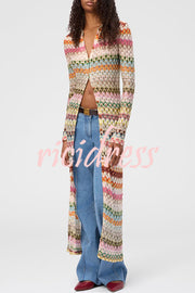 Anna Knit Colorful Herringbone Print Shirt Neck Button Long Sleeve Slim-fit Long Cardigan