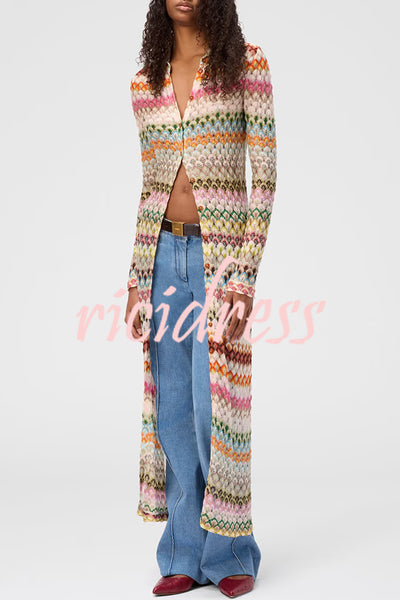 Anna Knit Colorful Herringbone Print Shirt Neck Button Long Sleeve Slim-fit Long Cardigan