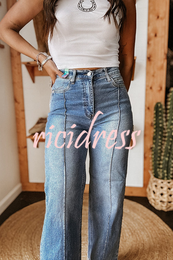 Fashion High Waist Pocket Casual Straight Jeans