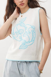 Marine Life Pattern Crew Neck Sleeveless Knit Tank Top