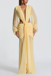 Deep Memories Chiffon Balloon Sleeve Cutout Ruched Drape Maxi Dress
