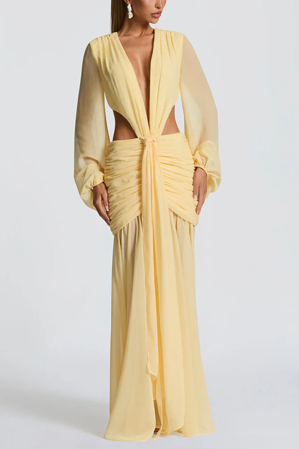Deep Memories Chiffon Balloon Sleeve Cutout Ruched Drape Maxi Dress