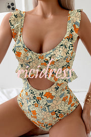 Floral Print Ruffled Stretch One-piece Swimsuit