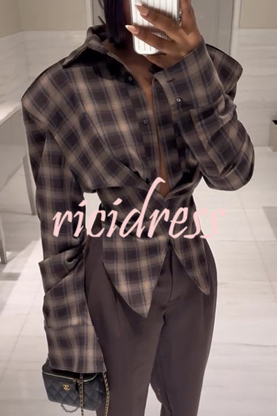 Vintage Plaid Shoulder Pad Buttons Long Sleeve Angled Hem Shirt