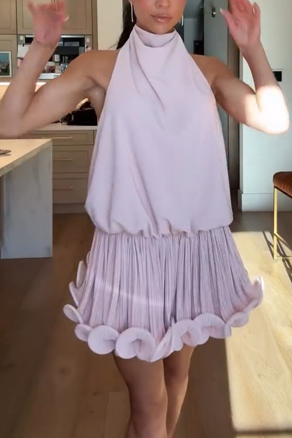 Ballerina Chic High Cowl Neck Pleated Wavy Ruffles Hem Backless Mini Dress