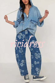 Fashion Loose Pocket Casual Denim Zipper Hoodie