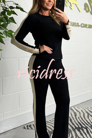 Fashionable Color Block Gold Button Long Sleeve Top and Elastic Waist Loose Pants Set