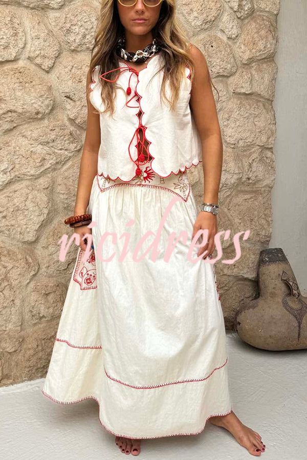 Sunny Day Linen Blend Contrast Embroidered Print Scallop Trim Lace-up Top