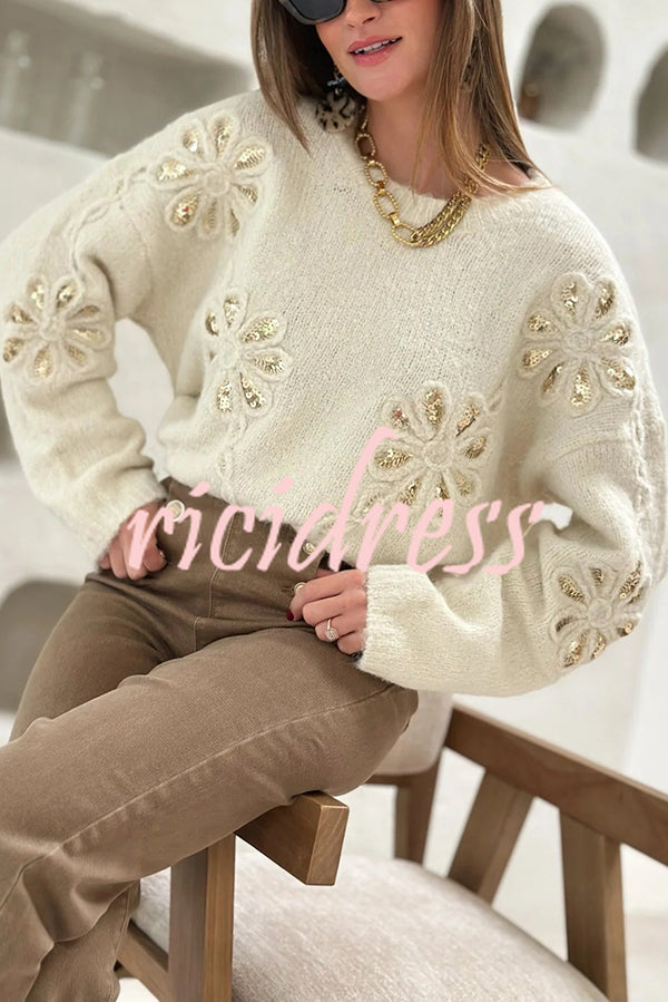 Fashionable Sequined Floral Loose Long-sleeved Knit Sweater