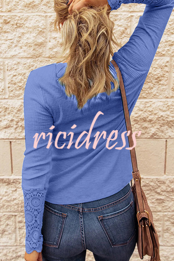 Solid Color Button Crochet Lace Long Sleeve Top