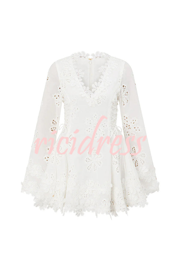 Diaz Embroidery Hollow Fabric Delicate Flower Trim Long Sleeve Side Lace-up Mini Dress