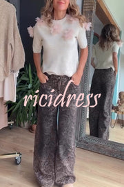 Alboran Knit Organza Flowers Detail Short Sleeve Loose Sweater