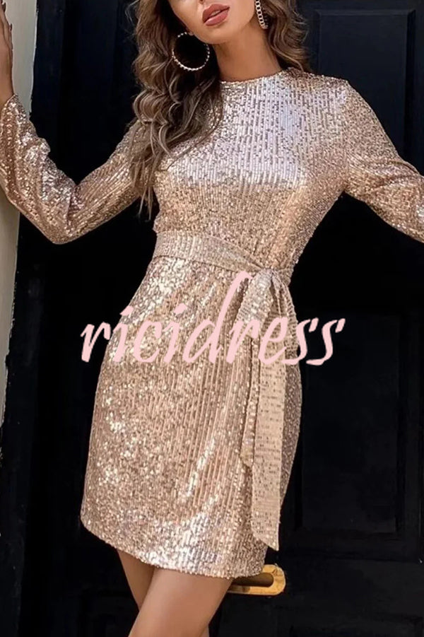 Fashion Sequined Tie Waist Slim Backless Mini Dress