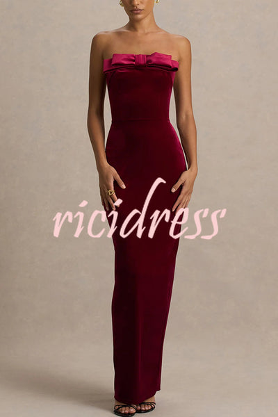 Illusion Velvet Bandeau neck Bow detail Stretch Maxi Dress