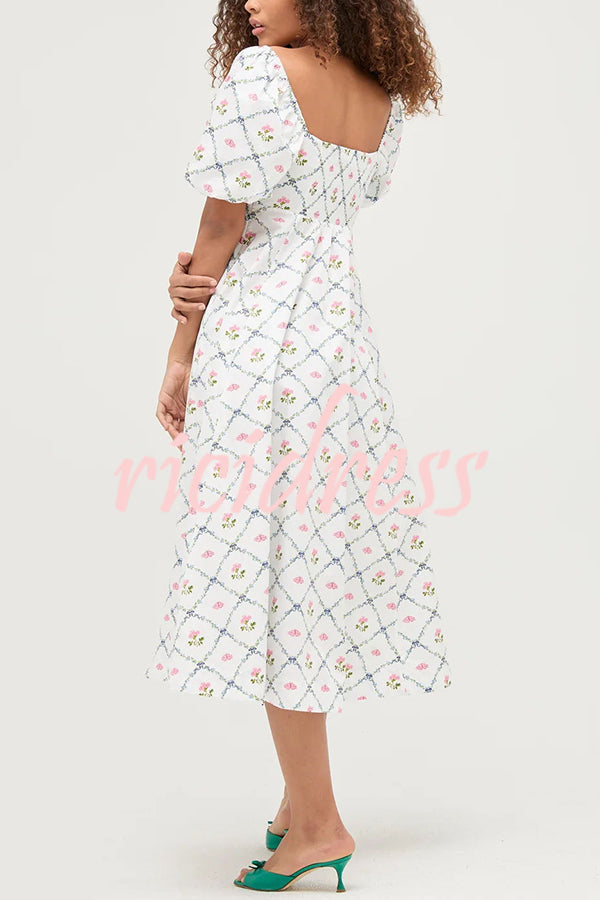 Garden Inspired Printed Puff Sleeve Back Smocked Pocket Midi Dress