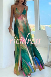 Andie Splash Ink Printed Cutout Back Tie-up Slit Vacation Maxi Dress