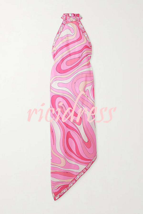 Meet At Beach Satin Unique Print Halter Tie-up Neck Irregular Hem Vacation Midi Dress